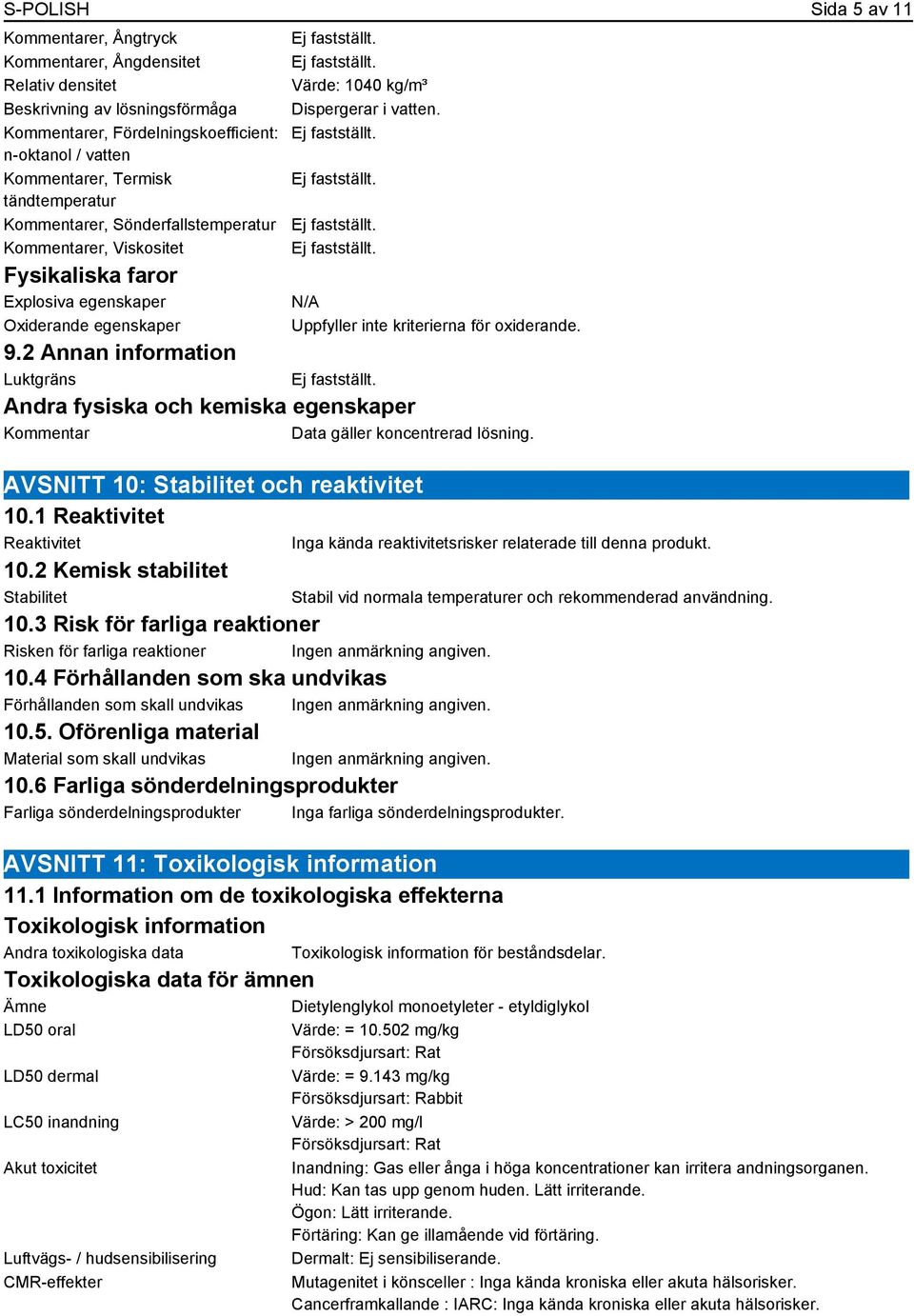 N/A Uppfyller inte kriterierna för oxiderande. 9.2 Annan information Luktgräns Andra fysiska och kemiska egenskaper Kommentar Data gäller koncentrerad lösning.