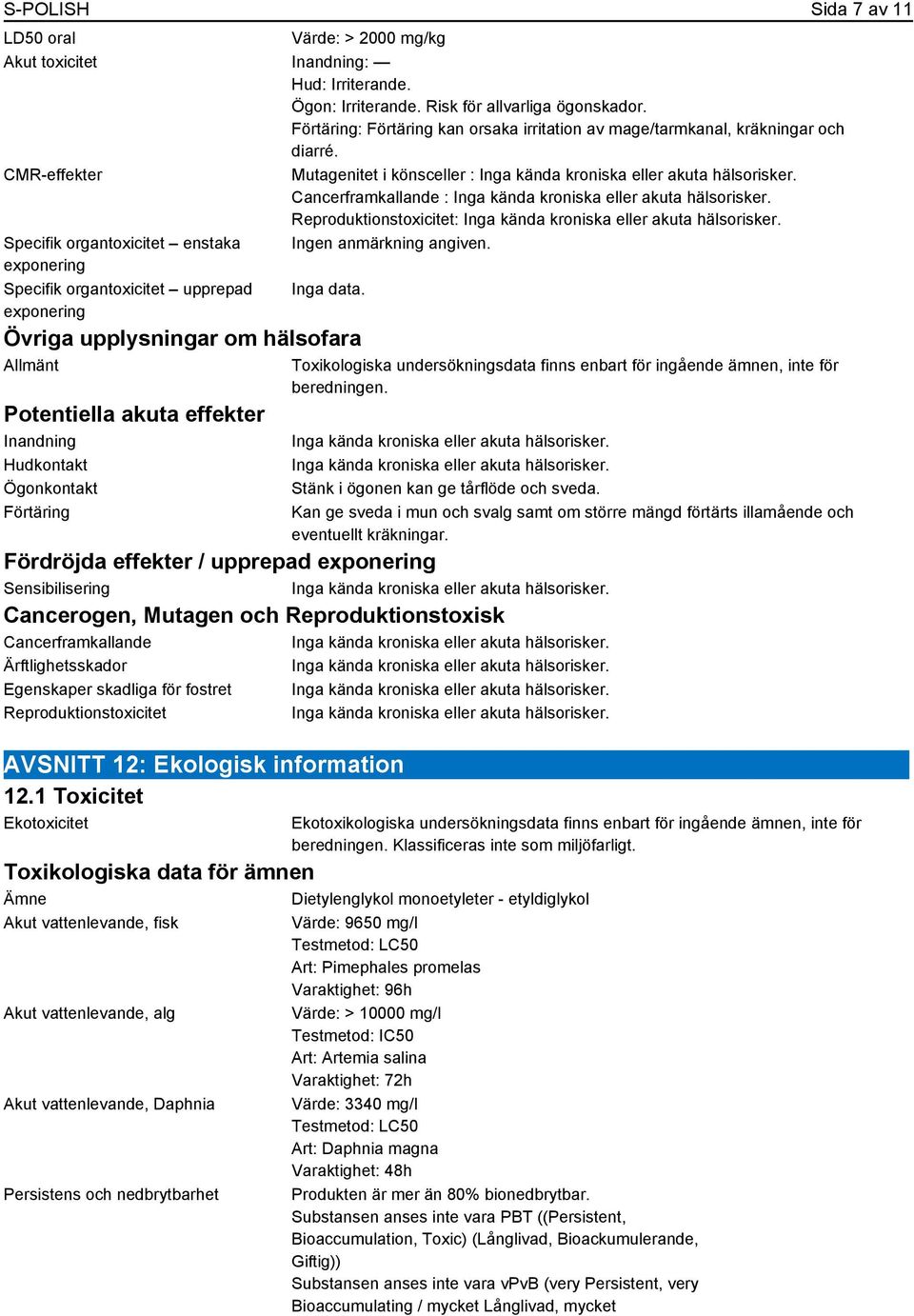 CMR-effekter Mutagenitet i könsceller : Cancerframkallande : Reproduktionstoxicitet: Specifik organtoxicitet enstaka Specifik organtoxicitet upprepad Inga data.