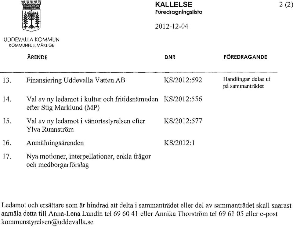 Val av ny ledamot i kultur och fritidsnämnden KS/2012:556 efter Stig Marklund (MP) 15. 16.