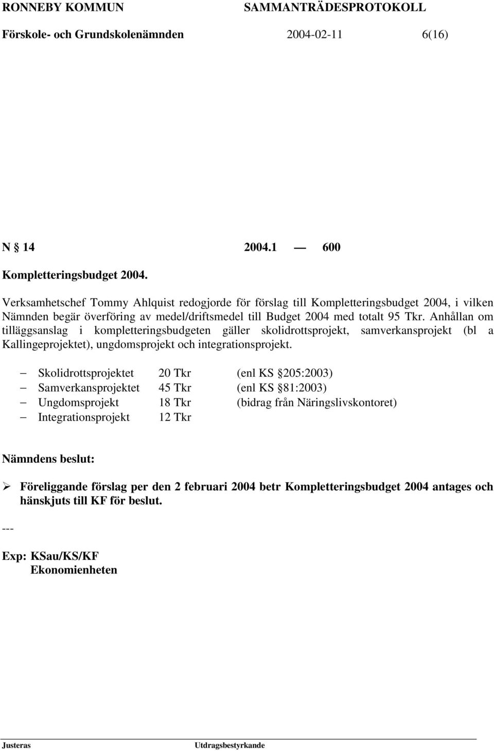 Anhållan om tilläggsanslag i kompletteringsbudgeten gäller skolidrottsprojekt, samverkansprojekt (bl a Kallingeprojektet), ungdomsprojekt och integrationsprojekt.