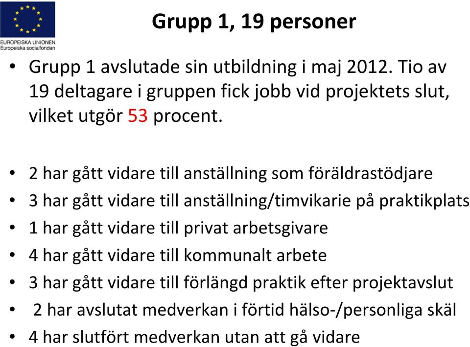 2 har gått vidare till anställning som föräldrastödjare 3 har gått vidare till anställning/timvikarie på praktikplats 1 har gått