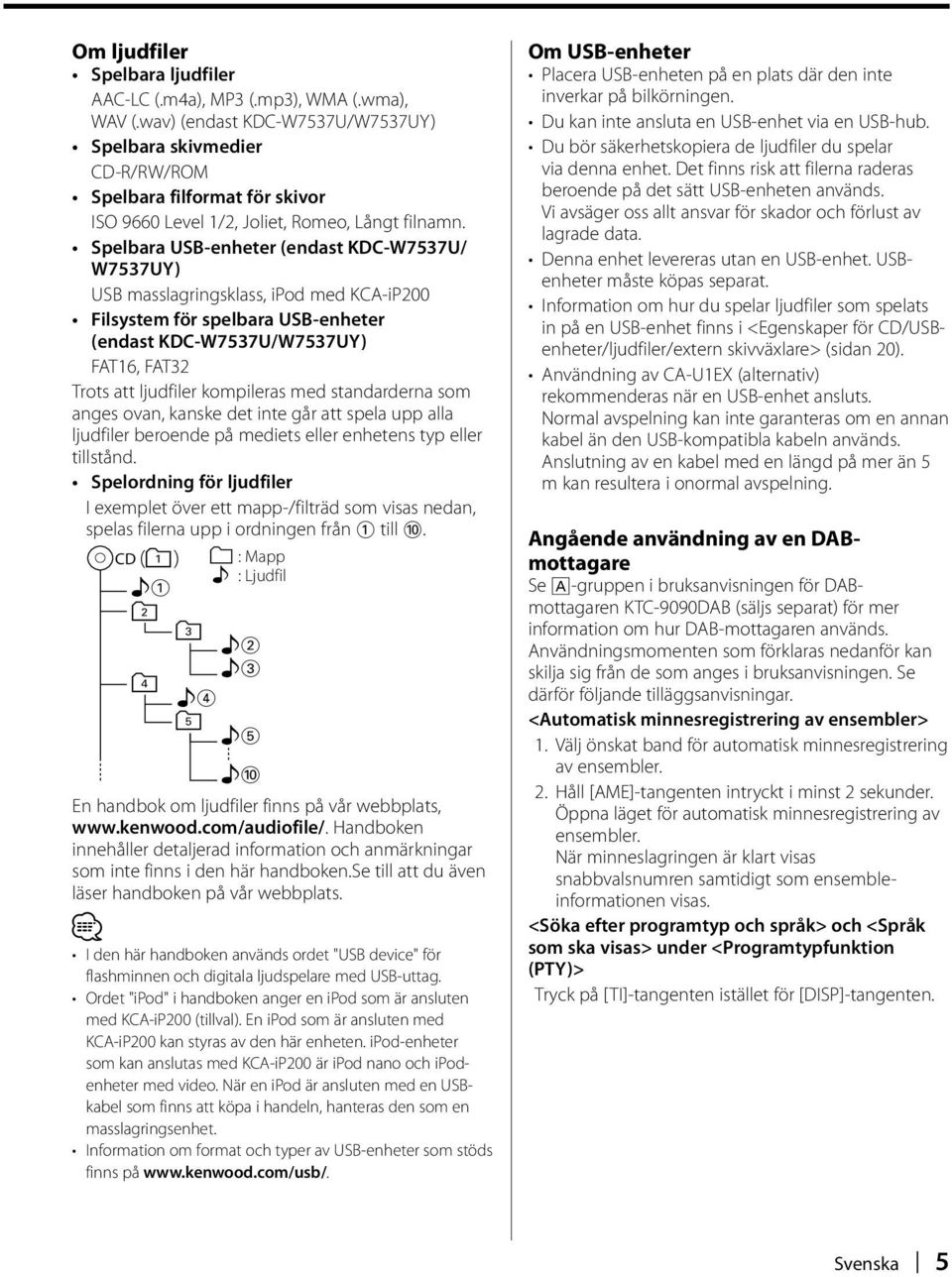 Spelbara USB-enheter (endast KDC-W7537U/ W7537UY) USB masslagringsklass, ipod med KCA-iP200 Filsystem för spelbara USB-enheter (endast KDC-W7537U/W7537UY) FAT16, FAT32 Trots att ljudfiler kompileras