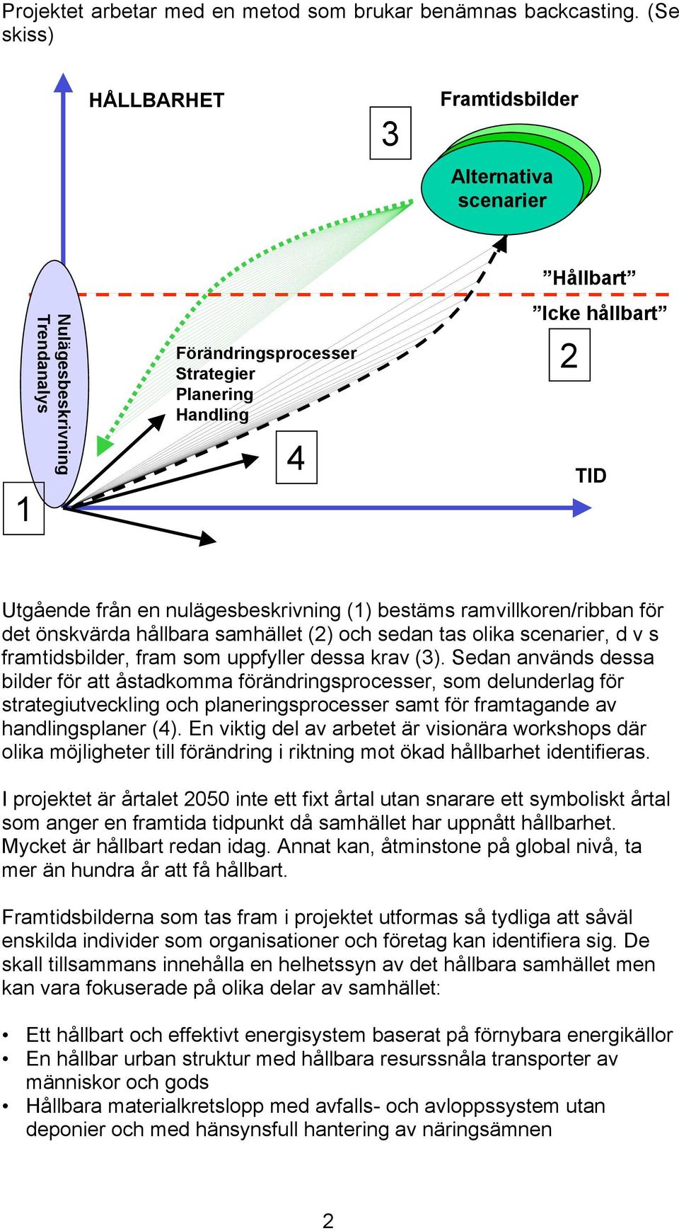 nulägesbeskrivning (1) bestäms ramvillkoren/ribban för det önskvärda hållbara samhället (2) och sedan tas olika scenarier, d v s framtidsbilder, fram som uppfyller dessa krav (3).