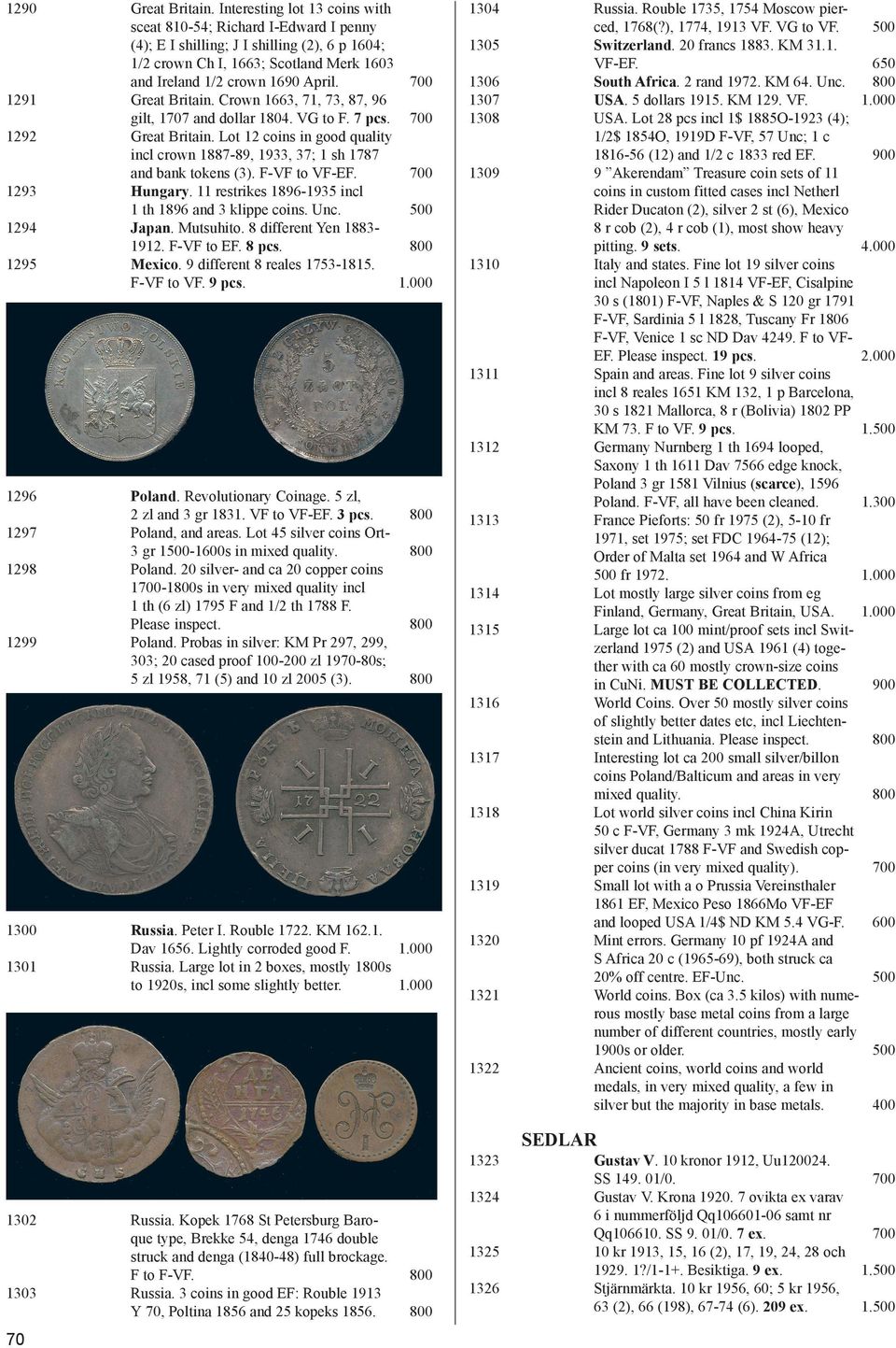 Great Britain. Crown 1663, 71, 73, 87, 96 gilt, 1707 and dollar 1804. VG to F. 7 pcs. Great Britain. Lot 12 coins in good quality incl crown 1887-89, 1933, 37; 1 sh 1787 and bank tokens (3).