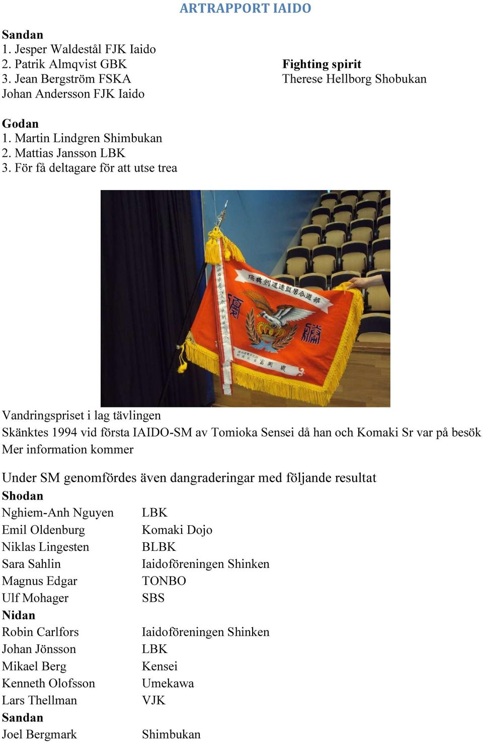 För få deltagare för att utse trea Vandringspriset i lag tävlingen Skänktes 1994 vid första IAIDO-SM av Tomioka Sensei då han och Komaki Sr var på besök Mer information kommer Under SM