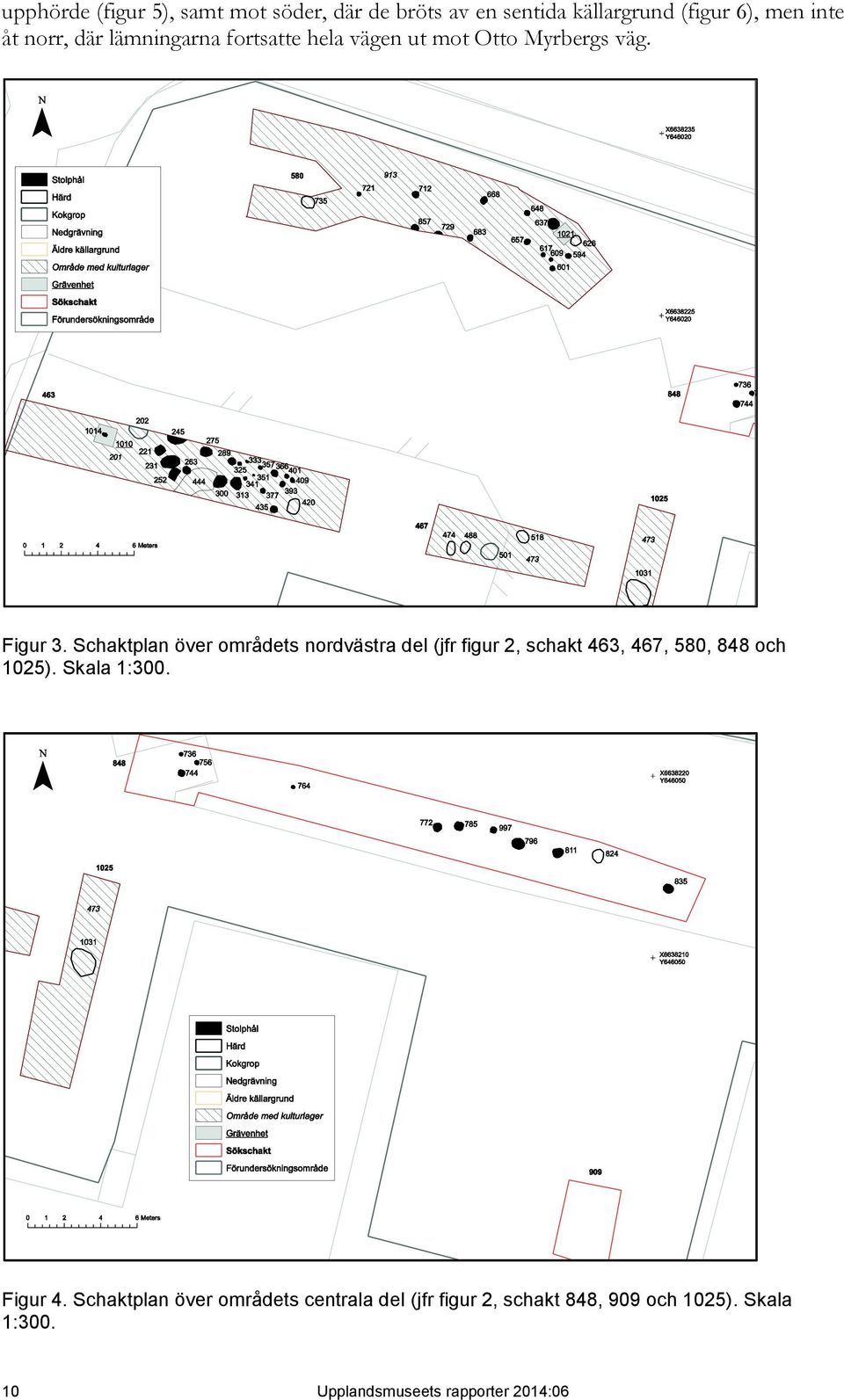 Schaktplan över områdets nordvästra del (jfr figur 2, schakt 463, 467, 580, 848 och 1025). Skala 1:300.