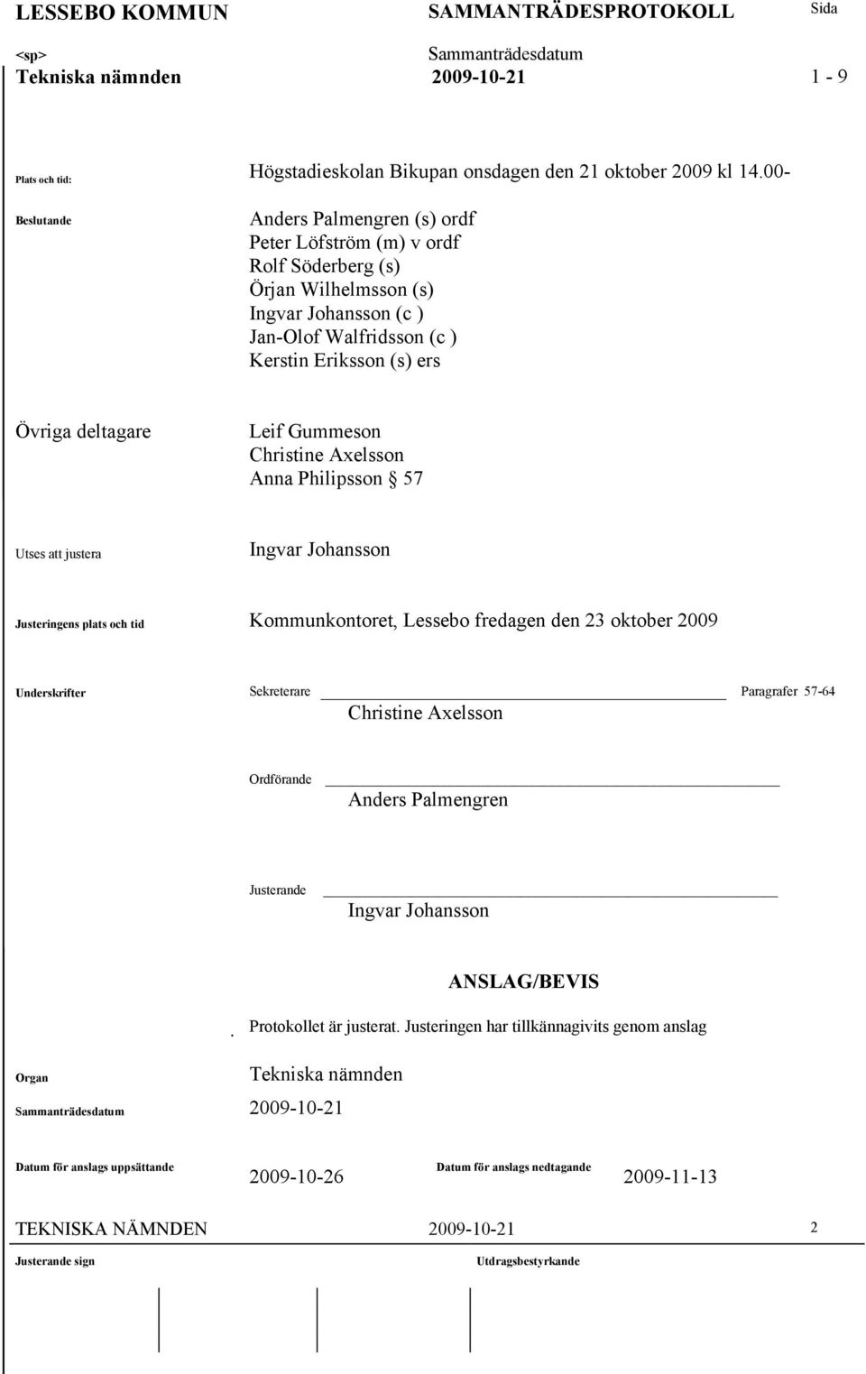 Leif Gummeson Christine Axelsson Anna Philipsson 57 Utses att justera Ingvar Johansson Justeringens plats och tid Kommunkontoret, Lessebo fredagen den 23 oktober 2009 Underskrifter Sekreterare