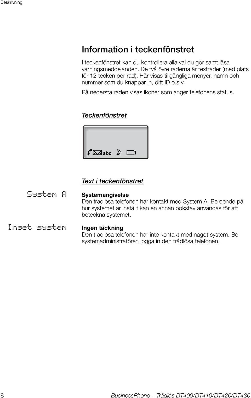 eckenfönstret ext i teckenfönstret System A Inget system Systemangivelse Den trådlösa telefonen har kontakt med System A.