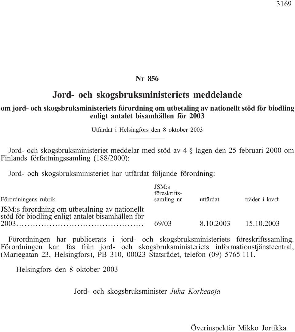 utfärdat följande förordning: Förordningens rubrik JSM:s föreskriftssamling nr utfärdat träder i kraft JSM:s förordning om utbetalning av nationellt stöd för biodling enligt antalet bisamhällen för