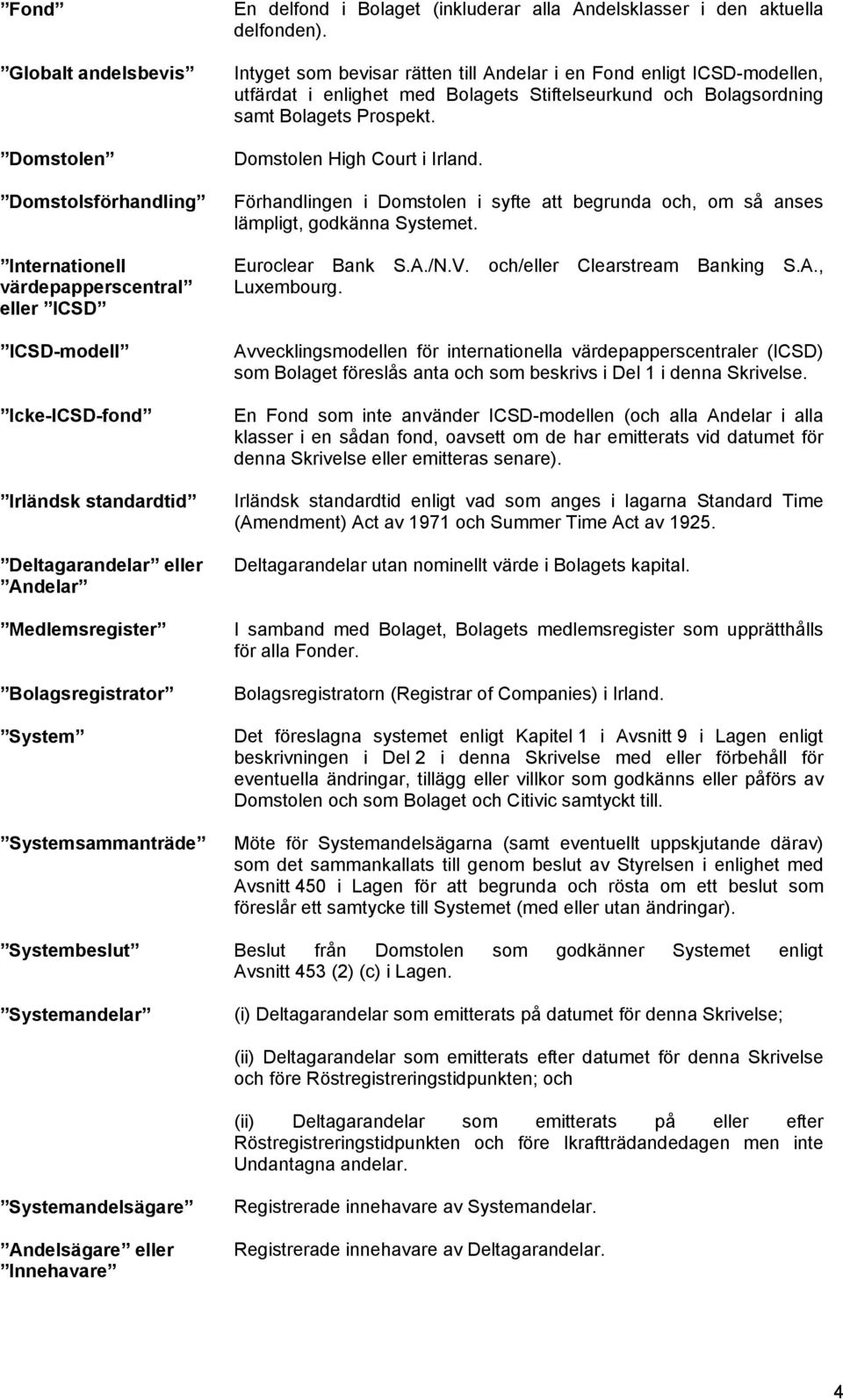 Intyget som bevisar rätten till Andelar i en Fond enligt ICSD-modellen, utfärdat i enlighet med Bolagets Stiftelseurkund och Bolagsordning samt Bolagets Prospekt. Domstolen High Court i Irland.