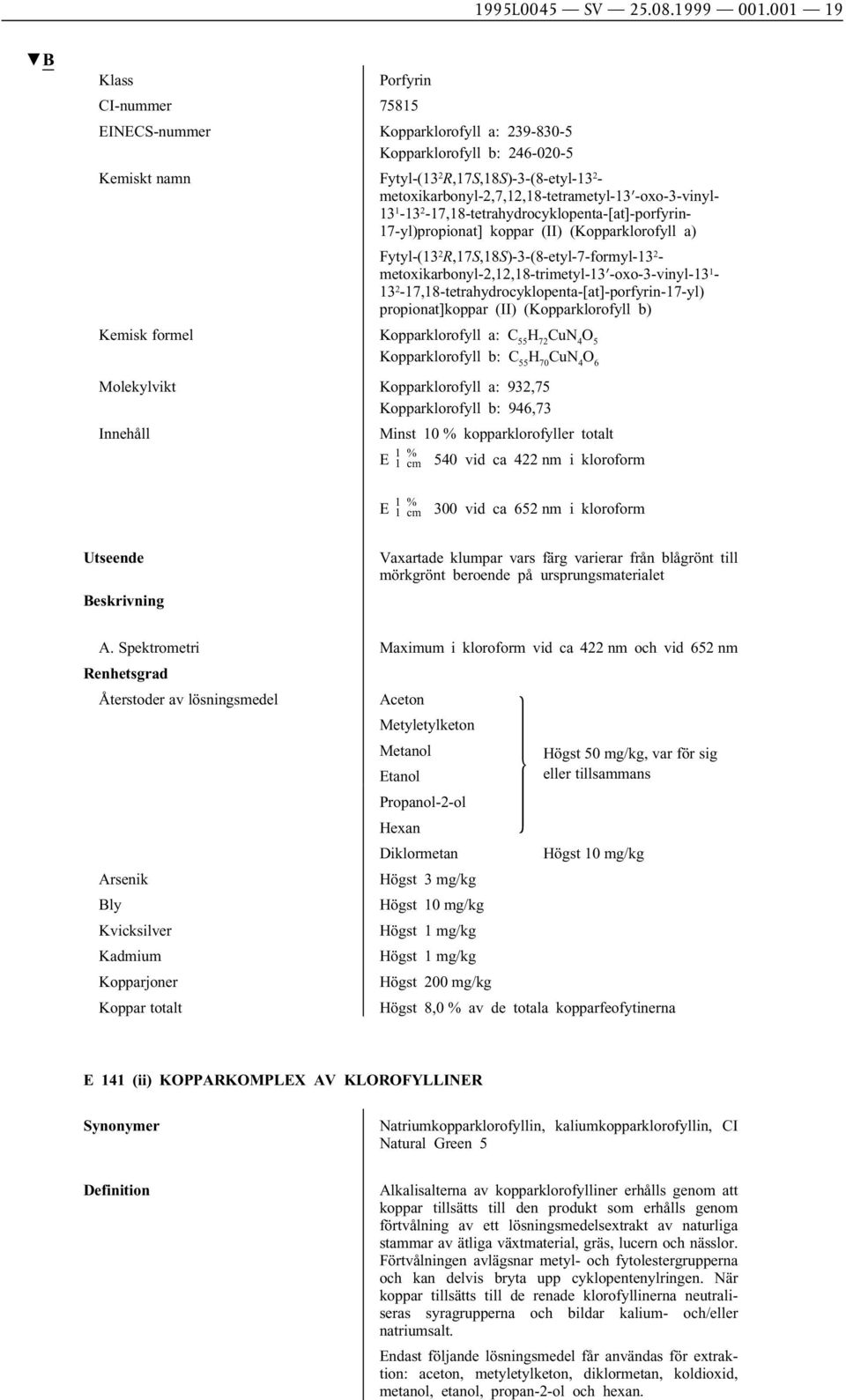 1-13 2-17,18-tetrahydrocyklopenta-[at]-porfyrin- 17-yl)propionat] koppar (II) (Kopparklorofyll a) Fytyl-(13 2 R,17S,18S)-3-(8-etyl-7-formyl-13 2 - metoxikarbonyl-2,12,18-trimetyl-13 -oxo-3-vinyl-13