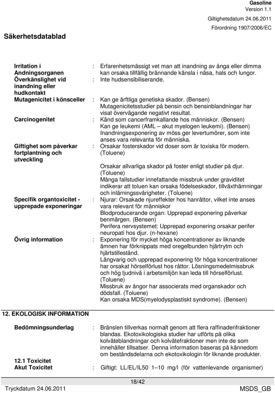 : Kan ge ärftliga genetiska skador. (Bensen) Mutagenicitetsstudier på bensin och bensinblandningar har visat övervägande negativt resultat. : Känd som cancerframkallande hos människor.