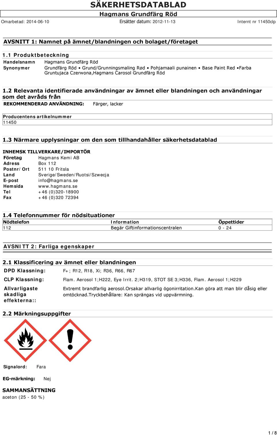 2 Relevanta identifierade användningar av ämnet eller blandningen och användningar som det avråds från REKOMMENDERAD ANVÄNDNING: Färger, lacker Producentens artikelnummer 11450 1.