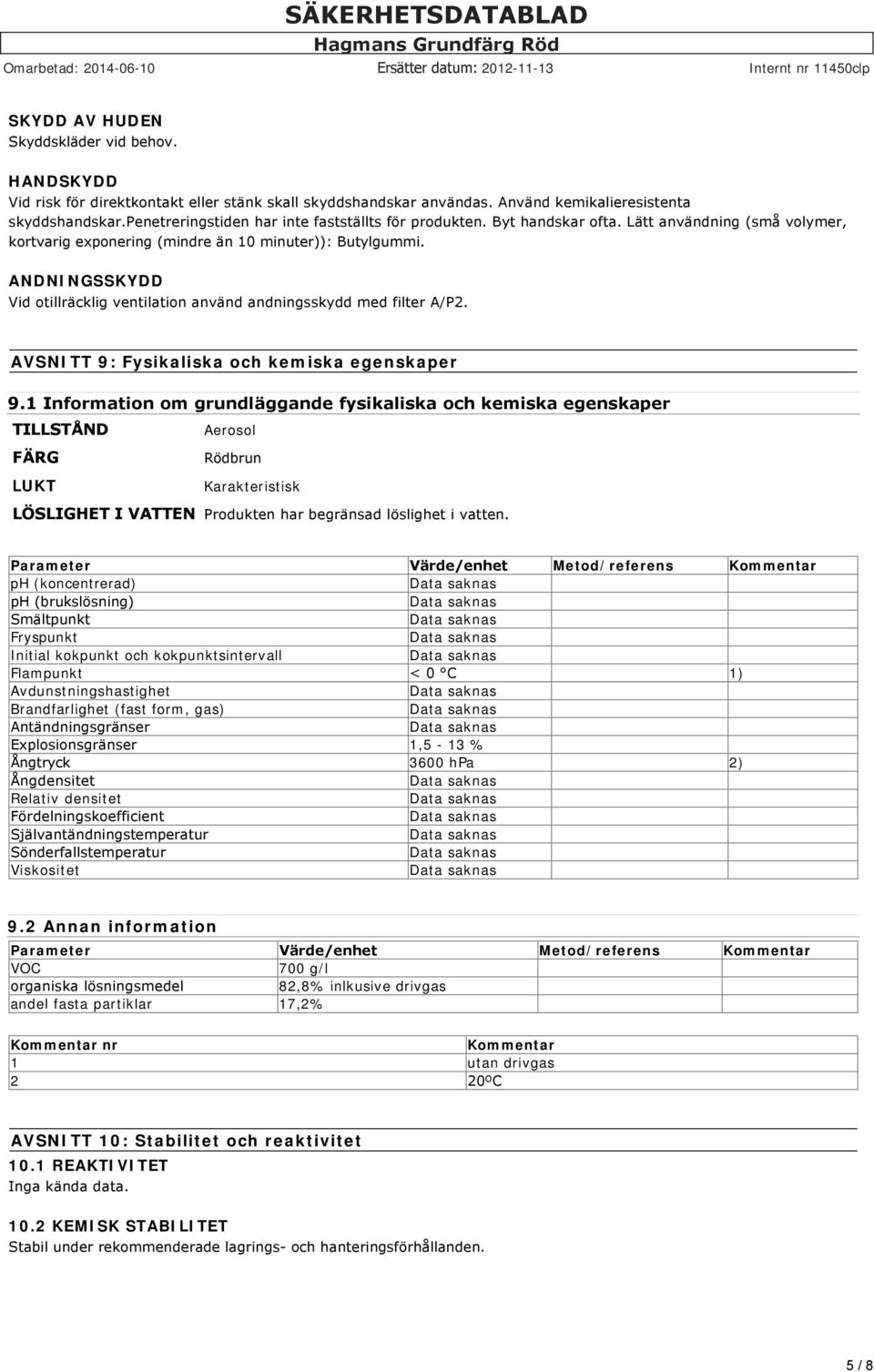 ANDNINGSSKYDD Vid otillräcklig ventilation använd andningsskydd med filter A/P2. AVSNITT 9: Fysikaliska och kemiska egenskaper 9.