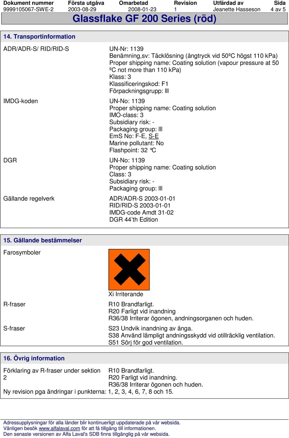 kpa) Klass: 3 Klassificeringskod: F1 Förpackningsgrupp: lll IMDG-koden UN-No: 1139 Proper shipping name: Coating solution IMO-class: 3 Subsidiary risk: - Packaging group: lll EmS No: F-E, S-E Marine