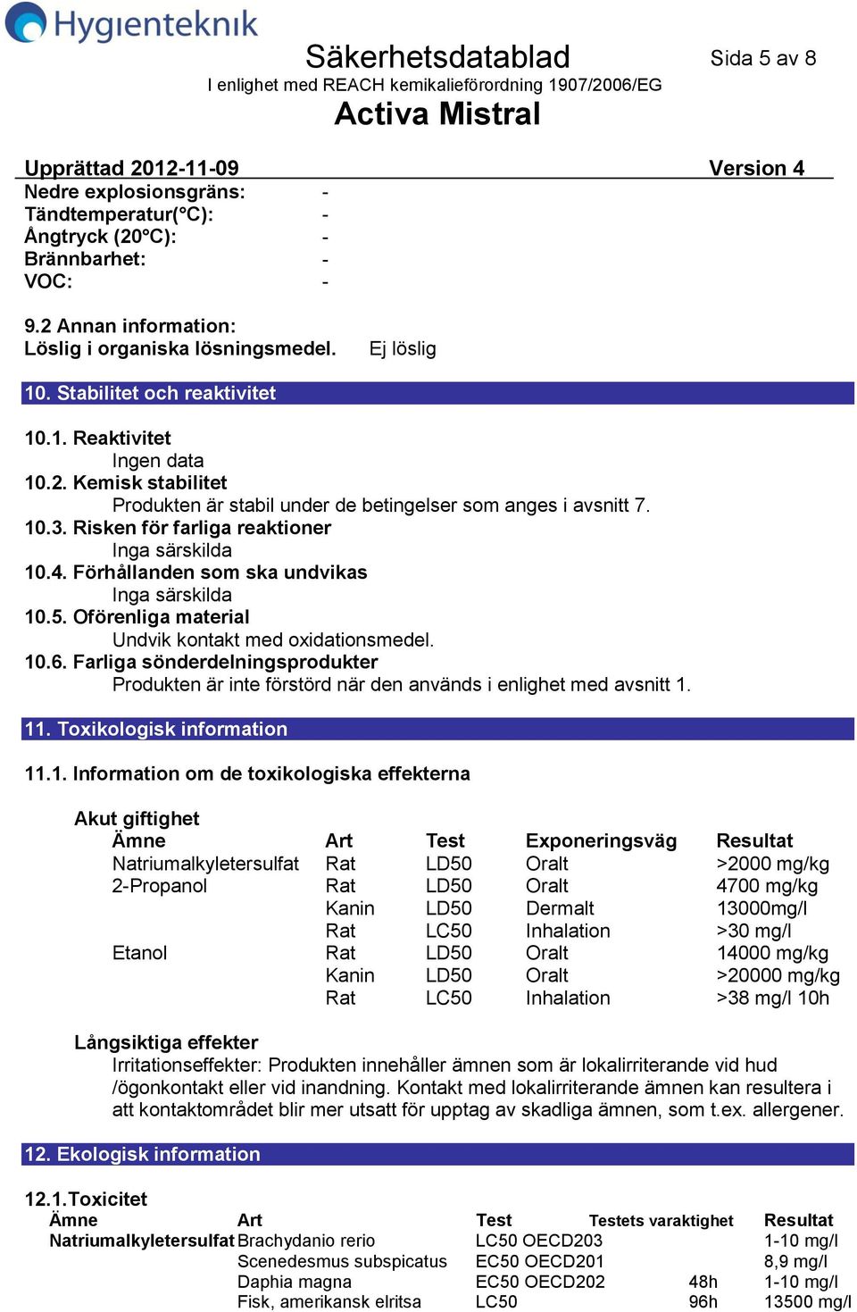 Oförenliga material Undvik kontakt med oxidationsmedel. 10