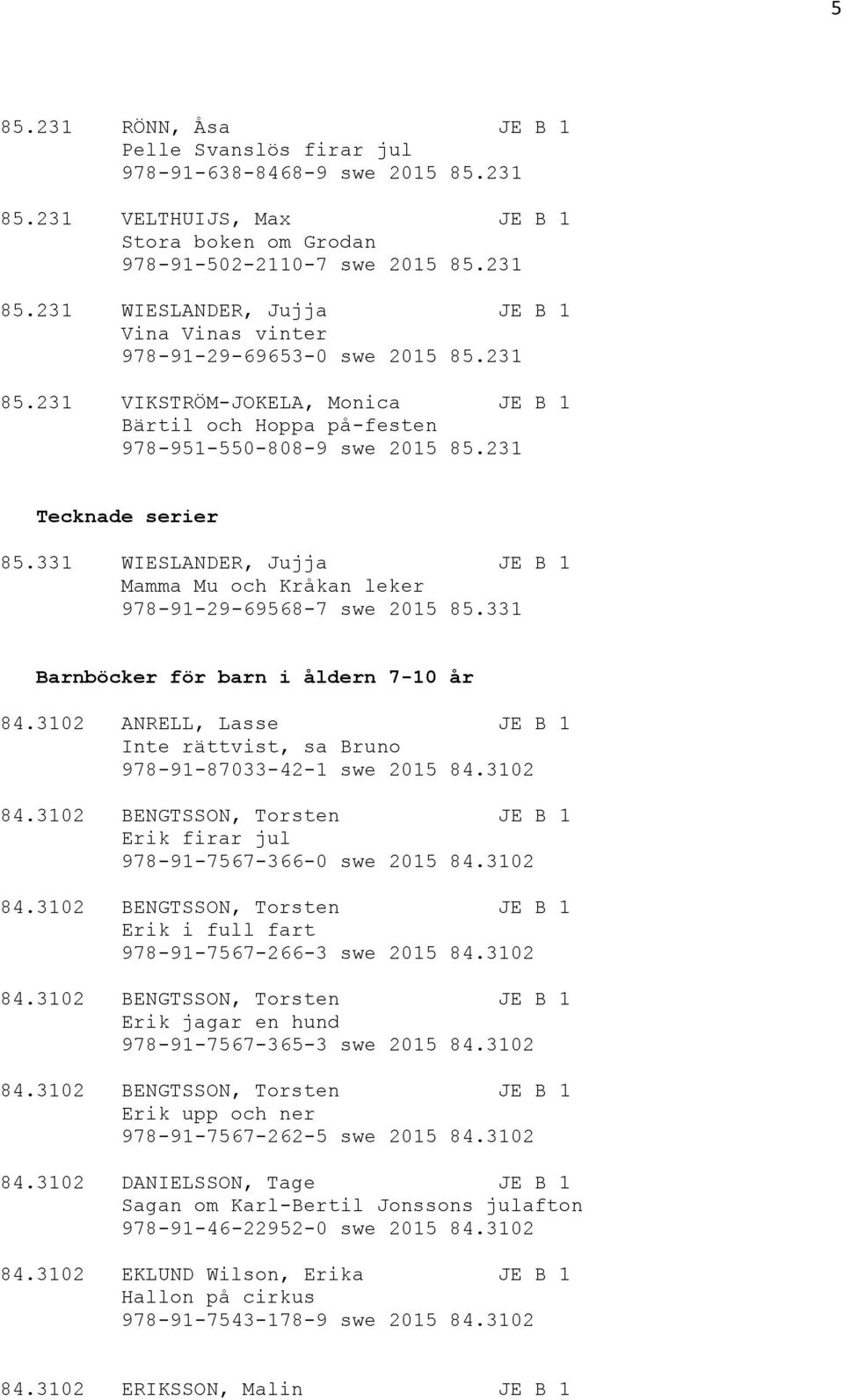 331 WIESLANDER, Jujja JE B 1 Mamma Mu och Kråkan leker 978-91-29-69568-7 swe 2015 85.331 Barnböcker för barn i åldern 7-10 år 84.