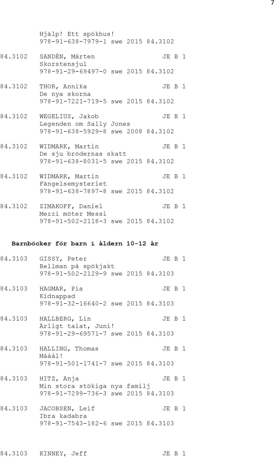 3102 84.3102 ZIMAKOFF, Daniel JE B 1 Mezzi möter Messi 978-91-502-2118-3 swe 2015 84.3102 Barnböcker för barn i åldern 10-12 år 84.