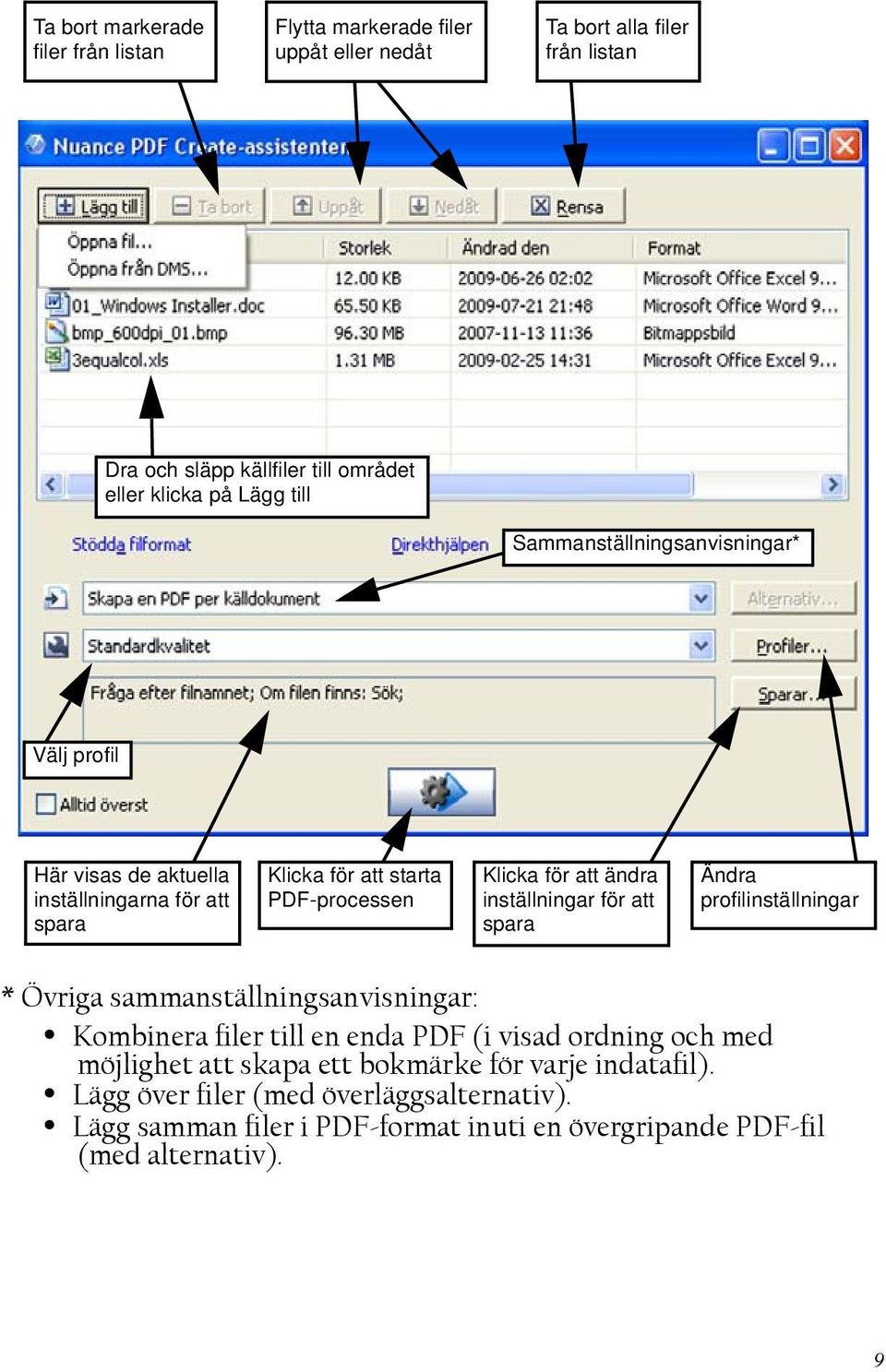 inställningar för att spara Ändra profilinställningar * Övriga sammanställningsanvisningar: Kombinera filer till en enda PDF (i visad ordning och med möjlighet