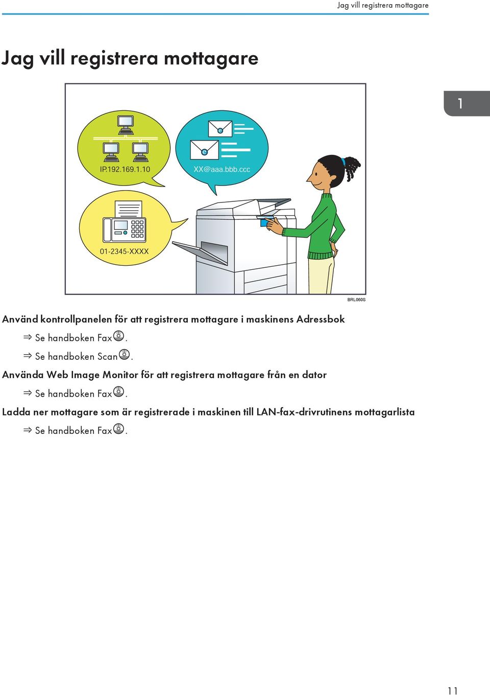 Använda Web Image Monitor för att registrera mottagare från en dator Se handboken Fax.