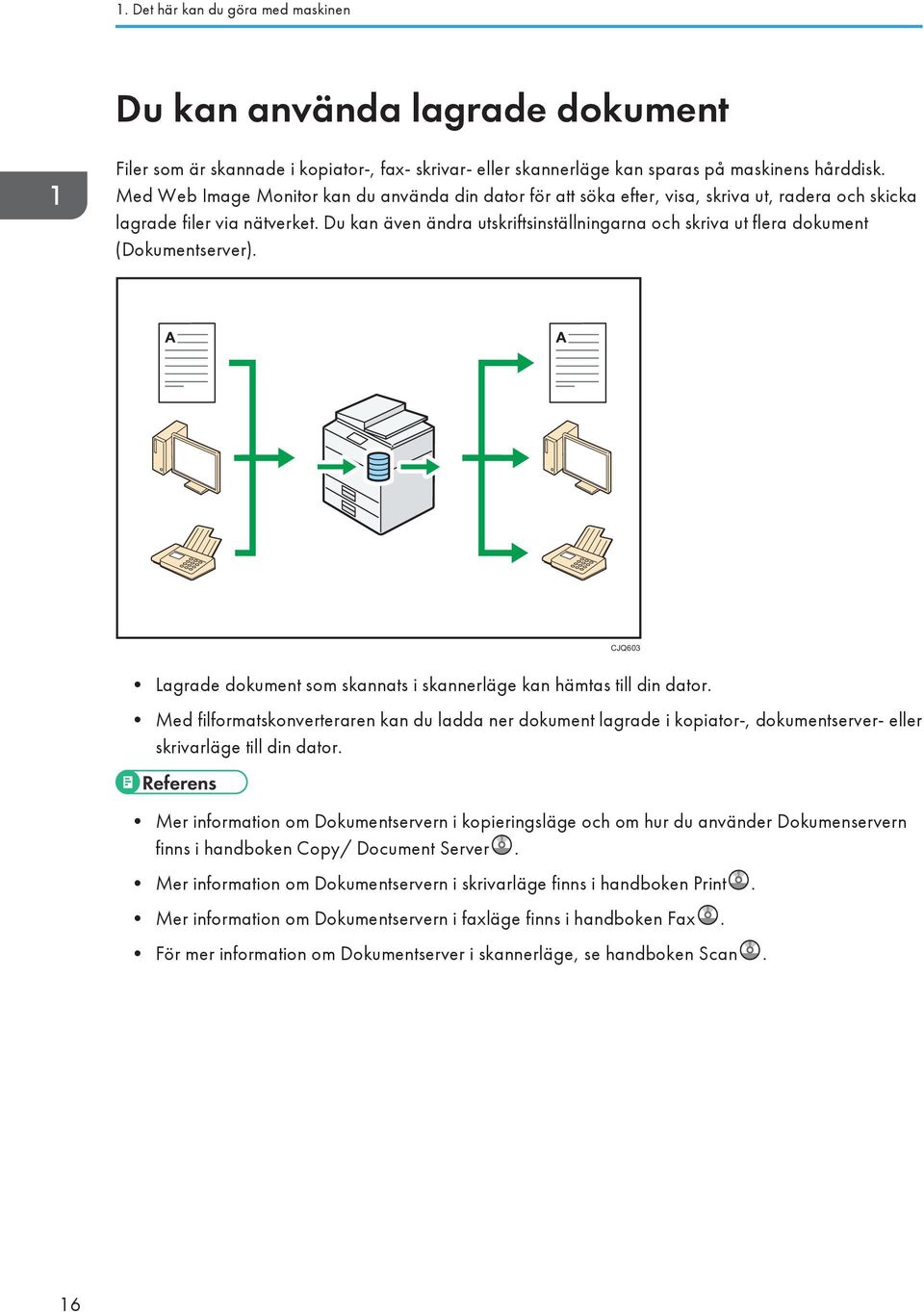 Du kan även ändra utskriftsinställningarna och skriva ut flera dokument (Dokumentserver). CJQ603 Lagrade dokument som skannats i skannerläge kan hämtas till din dator.