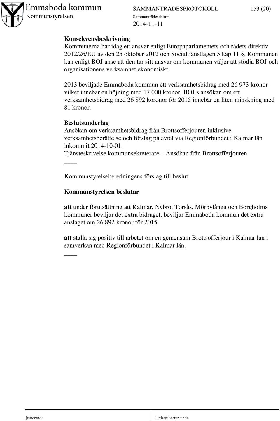 2013 beviljade Emmaboda kommun ett verksamhetsbidrag med 26 973 kronor vilket innebar en höjning med 17 000 kronor.