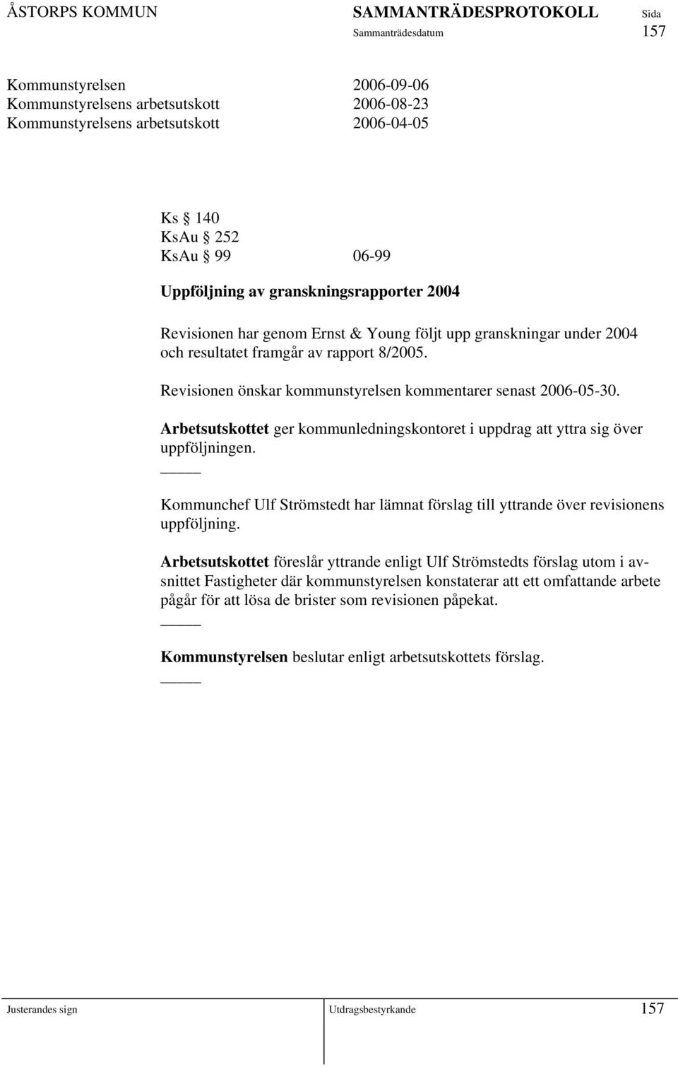 Arbetsutskottet ger kommunledningskontoret i uppdrag att yttra sig över uppföljningen. Kommunchef Ulf Strömstedt har lämnat förslag till yttrande över revisionens uppföljning.