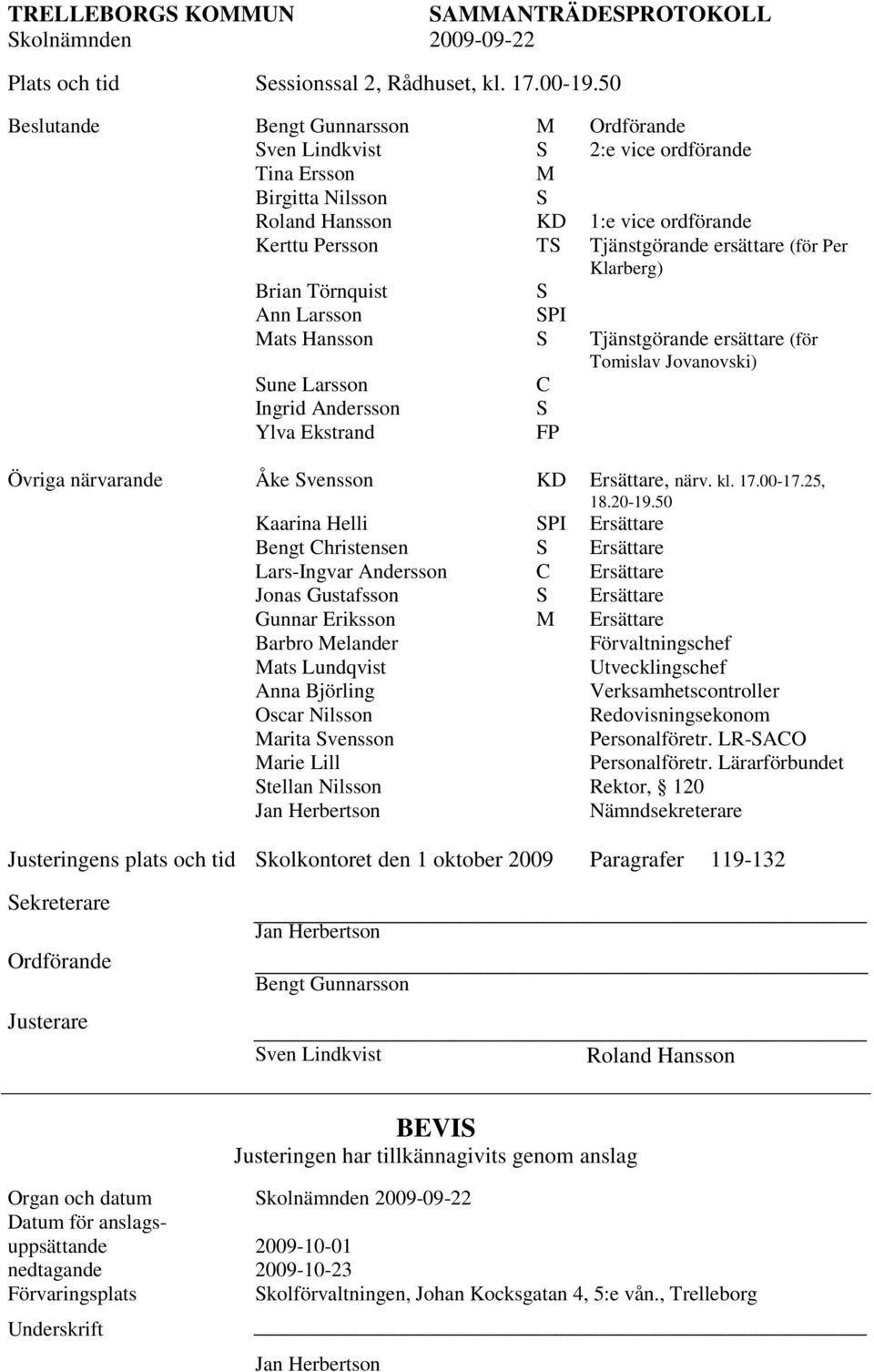 Klarberg) Brian Törnquist S Ann Larsson SPI Mats Hansson S Tjänstgörande ersättare (för Tomislav Jovanovski) Sune Larsson C Ingrid Andersson S Ylva Ekstrand FP Övriga närvarande Åke Svensson KD