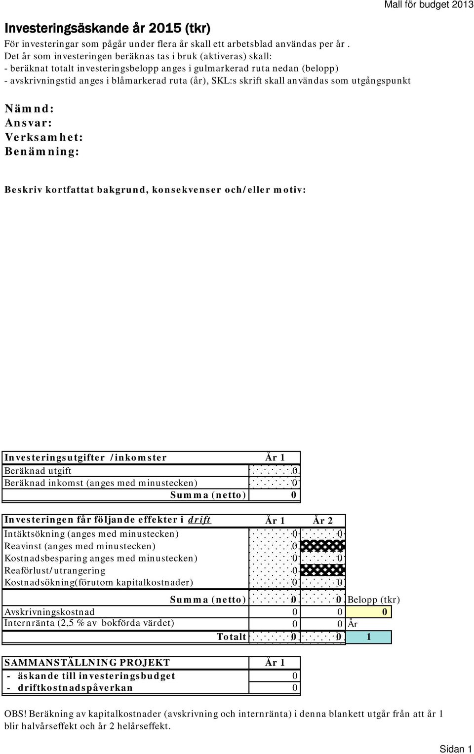 skrift skall användas som utgångspunkt Nämnd: Ansvar: Verksamhet: Benämning: Mall för budget 2013 Beskriv kortfattat bakgrund, konsekvenser och/eller motiv: Investeringsutgifter /inkomster År 1