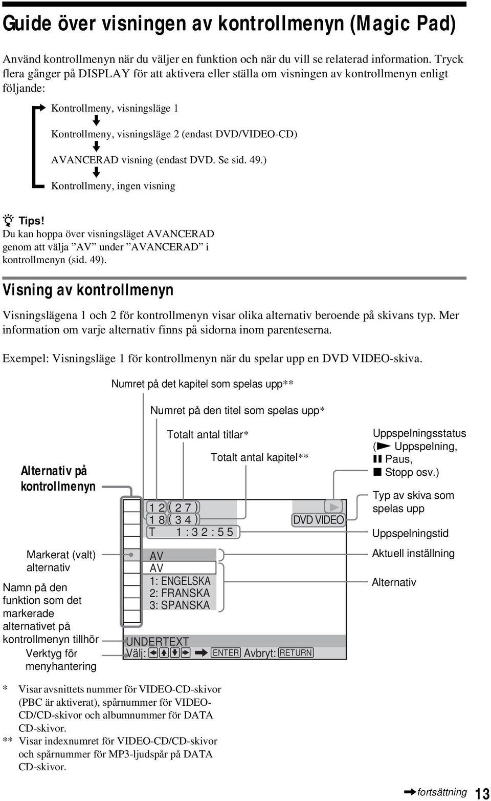 AVANCERAD visning (endast DVD. Se sid. 49.) m Kontrollmeny, ingen visning z Tips! Du kan hoppa över visningsläget AVANCERAD genom att välja AV under AVANCERAD i kontrollmenyn (sid. 49).