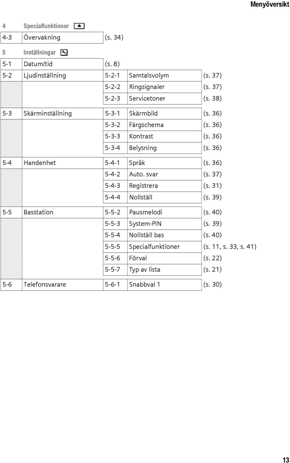 36) 5-3-4 Belysning (s. 36) 5-4 Handenhet 5-4-1 Språk (s. 36) 5-4-2 Auto. svar (s. 37) 5-4-3 Registrera (s. 31) 5-4-4 Nollställ (s.