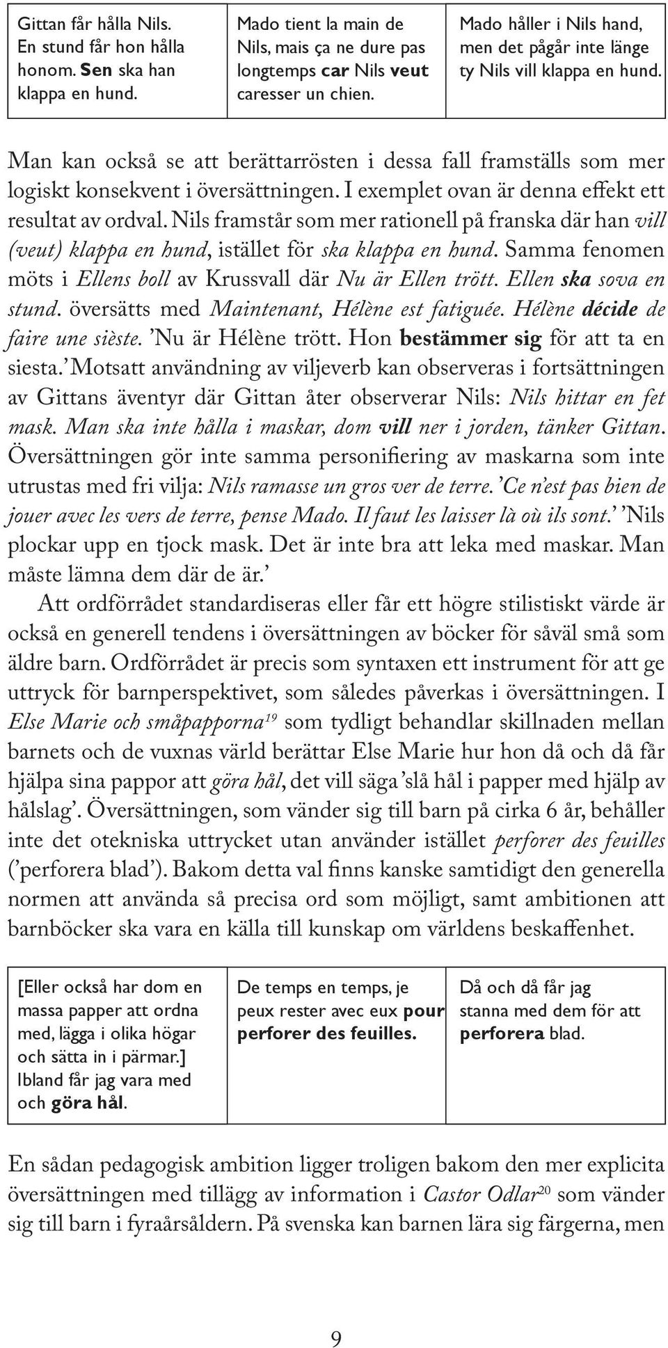 I exemplet ovan är denna effekt ett resultat av ordval. Nils framstår som mer rationell på franska där han vill (veut) klappa en hund, istället för ska klappa en hund.