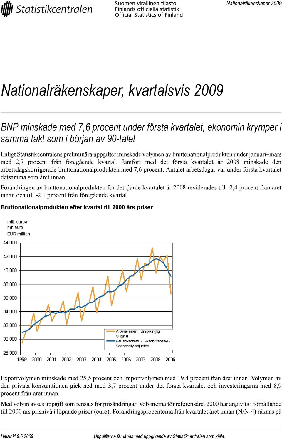 Jämfört med det första kvartalet år 2008 minskade den arbetsdagskorrigerade bruttonationalprodukten med 7,6 procent. Antalet arbetsdagar var under första kvartalet detsamma som året innan.