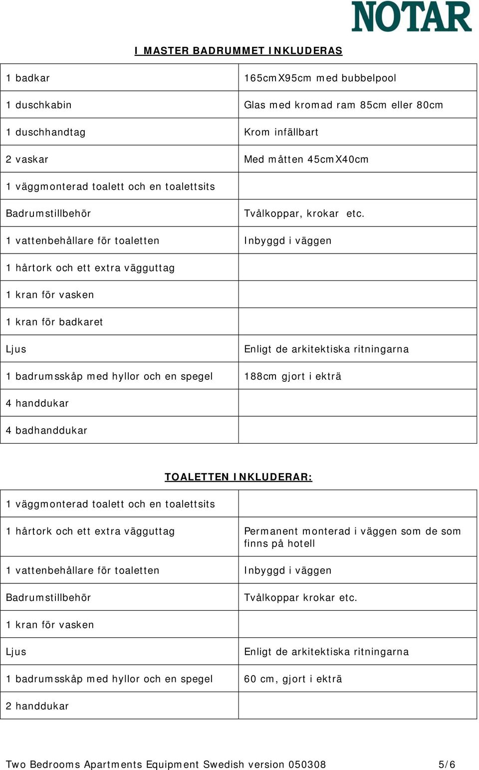 1 vattenbehållare för toaletten Inbyggd i väggen 1 hårtork och ett extra vägguttag 1 kran för vasken 1 kran för badkaret Ljus Enligt de arkitektiska ritningarna 1 badrumsskåp med hyllor och en spegel