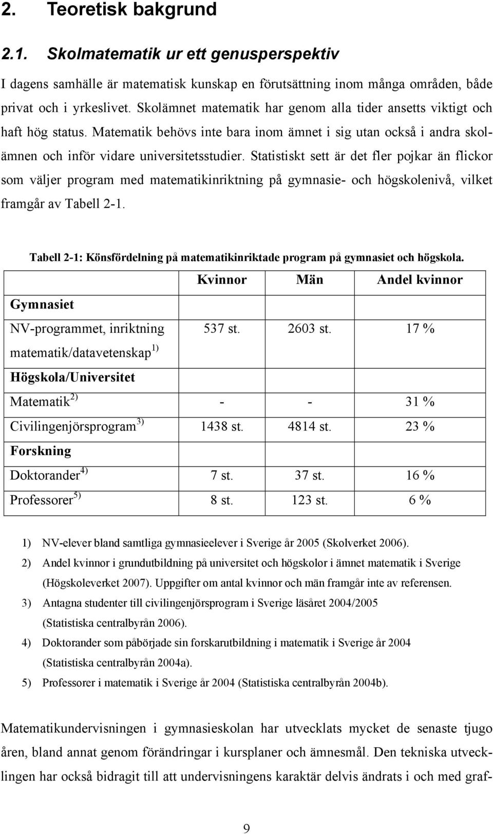 Statistiskt sett är det fler pojkar än flickor som väljer program med matematikinriktning på gymnasie- och högskolenivå, vilket framgår av Tabell 2-1.