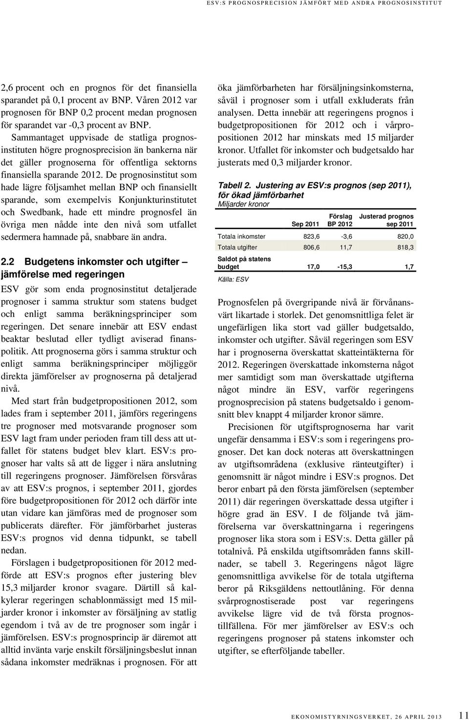 Sammantaget uppvisade de statliga prognosinstituten högre prognosprecision än bankerna när det gäller prognoserna för offentliga sektorns finansiella sparande 2012.