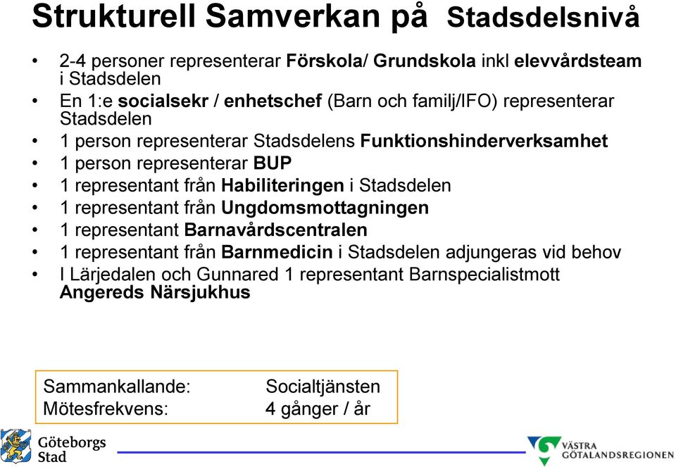 från Habiliteringen i Stadsdelen 1 representant från Ungdomsmottagningen 1 representant Barnavårdscentralen 1 representant från Barnmedicin i Stadsdelen