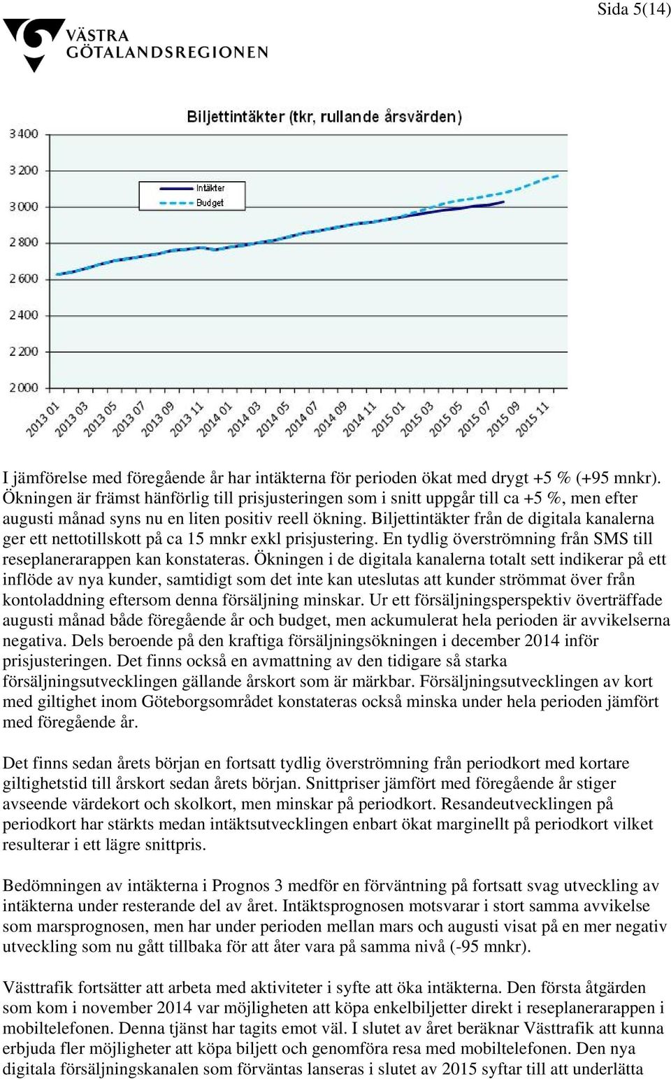 Biljettintäkter från de digitala kanalerna ger ett nettotillskott på ca 15 mnkr exkl prisjustering. En tydlig överströmning från SMS till reseplanerarappen kan konstateras.