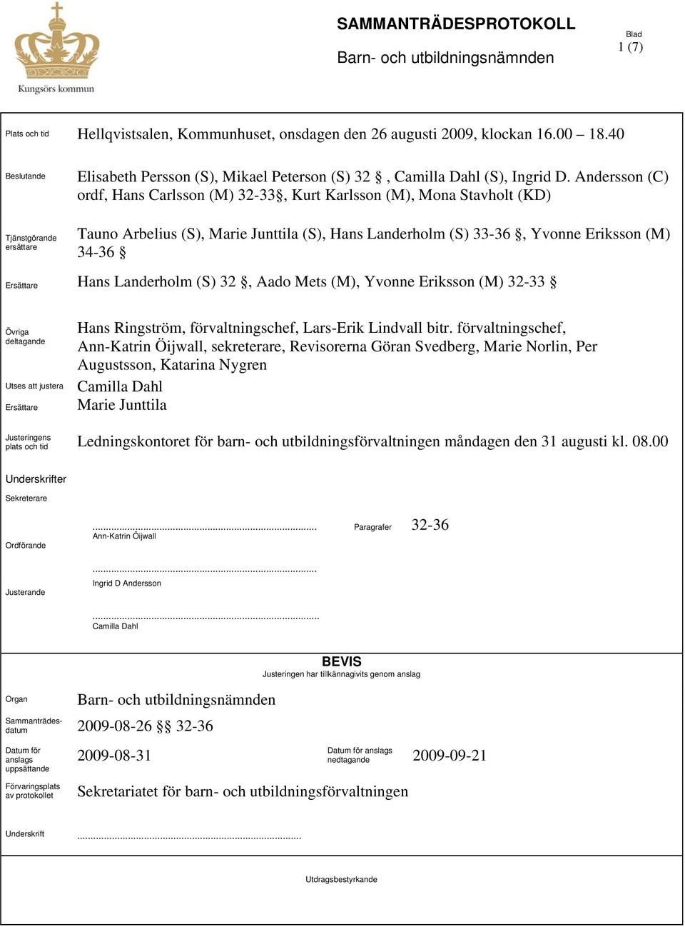 Andersson (C) ordf, Hans Carlsson (M) 32-33, Kurt Karlsson (M), Mona Stavholt (KD) Tjänstgörande ersättare Tauno Arbelius (S), Marie Junttila (S), Hans Landerholm (S) 33-36, Yvonne Eriksson (M) 34-36