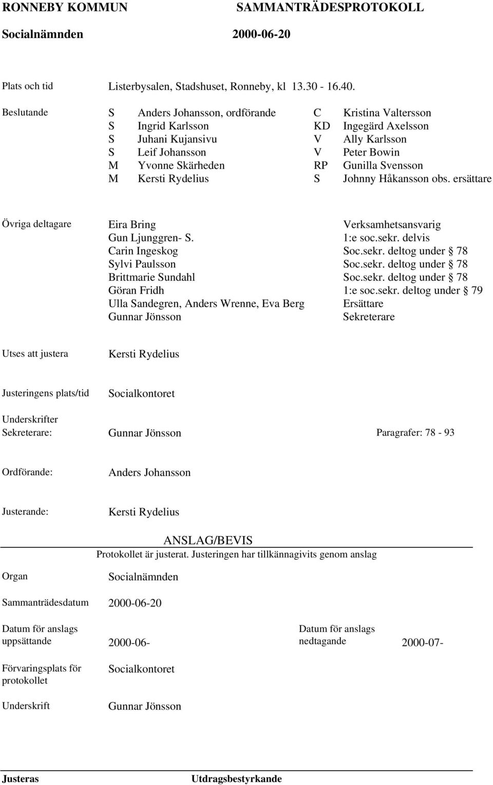 Svensson M Kersti Rydelius S Johnny Håkansson obs. ersättare Övriga deltagare Eira Bring Verksamhetsansvarig Gun Ljunggren- S. 1:e soc.sekr. delvis Carin Ingeskog Soc.sekr. deltog under 78 Sylvi Paulsson Soc.