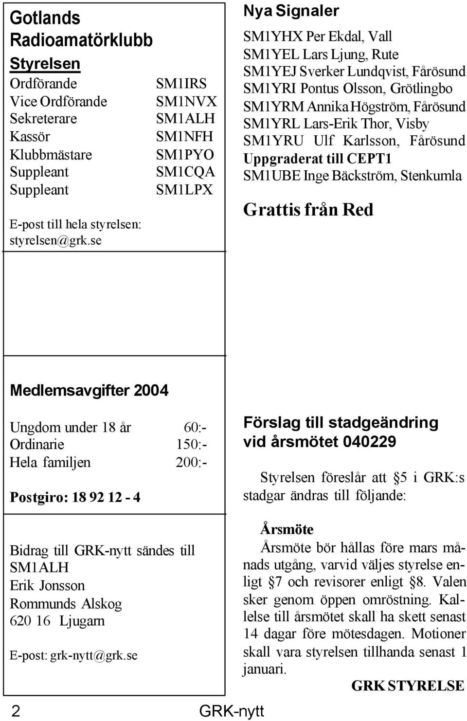 Högström, Fårösund SM1YRL Lars-Erik Thor, Visby SM1YRU Ulf Karlsson, Fårösund Uppgraderat till CEPT1 SM1UBE Inge Bäckström, Stenkumla Grattis från Red Medlemsavgifter 2004 Ungdom under 18 år 60:-