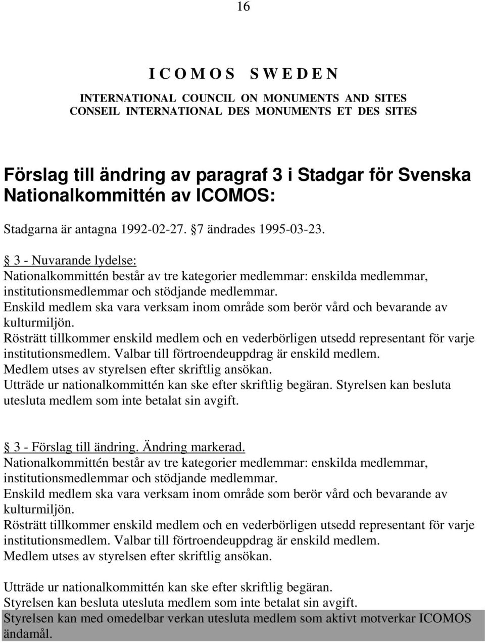 3 - Nuvarande lydelse: Nationalkommittén består av tre kategorier medlemmar: enskilda medlemmar, institutionsmedlemmar och stödjande medlemmar.