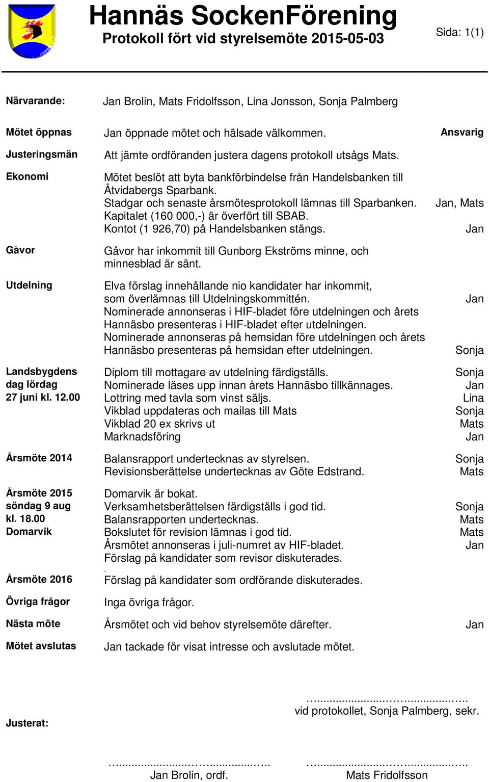 Stadgar och senaste årsmötesprotokoll lämnas till Sparbanken. Kapitalet (160 000,-) är överfört till SBAB. Kontot (1 926,70) på Handelsbanken stängs.