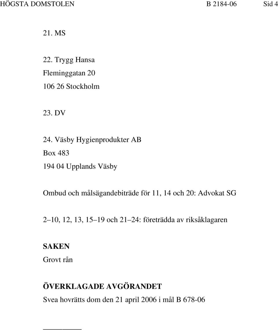 Väsby Hygienprodukter AB Box 483 194 04 Upplands Väsby Ombud och målsägandebiträde för 11,