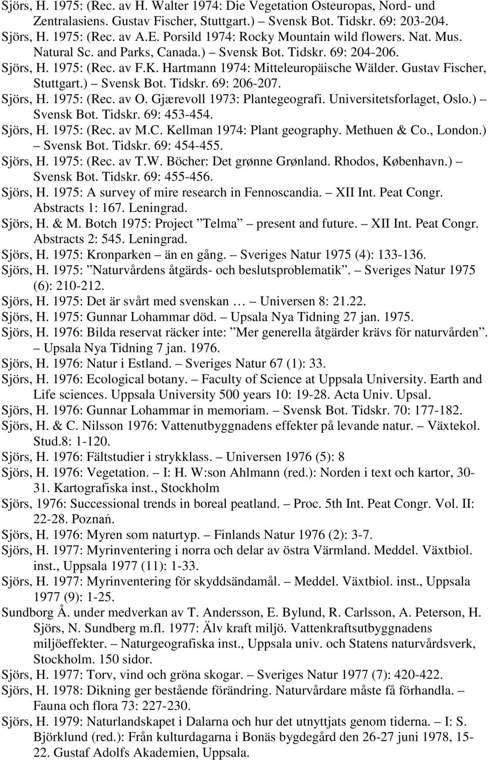 Gustav Fischer, Stuttgart.) Svensk Bot. Tidskr. 69: 206-207. Sjörs, H. 1975: (Rec. av O. Gjærevoll 1973: Plantegeografi. Universitetsforlaget, Oslo.) Svensk Bot. Tidskr. 69: 453-454. Sjörs, H. 1975: (Rec. av M.