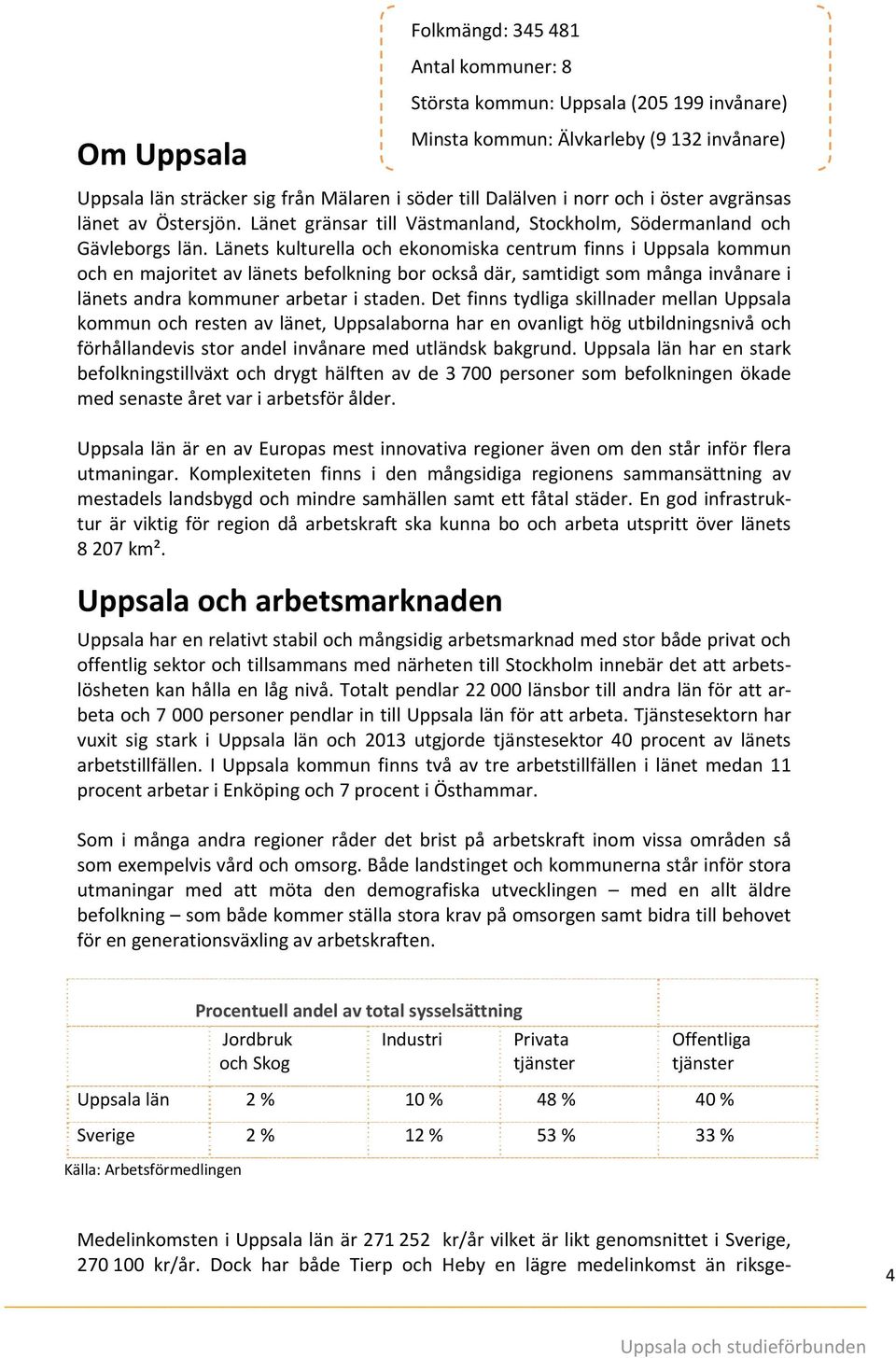 Länets kulturella och ekonomiska centrum finns i Uppsala kommun och en majoritet av länets befolkning bor också där, samtidigt som många invånare i länets andra kommuner arbetar i staden.