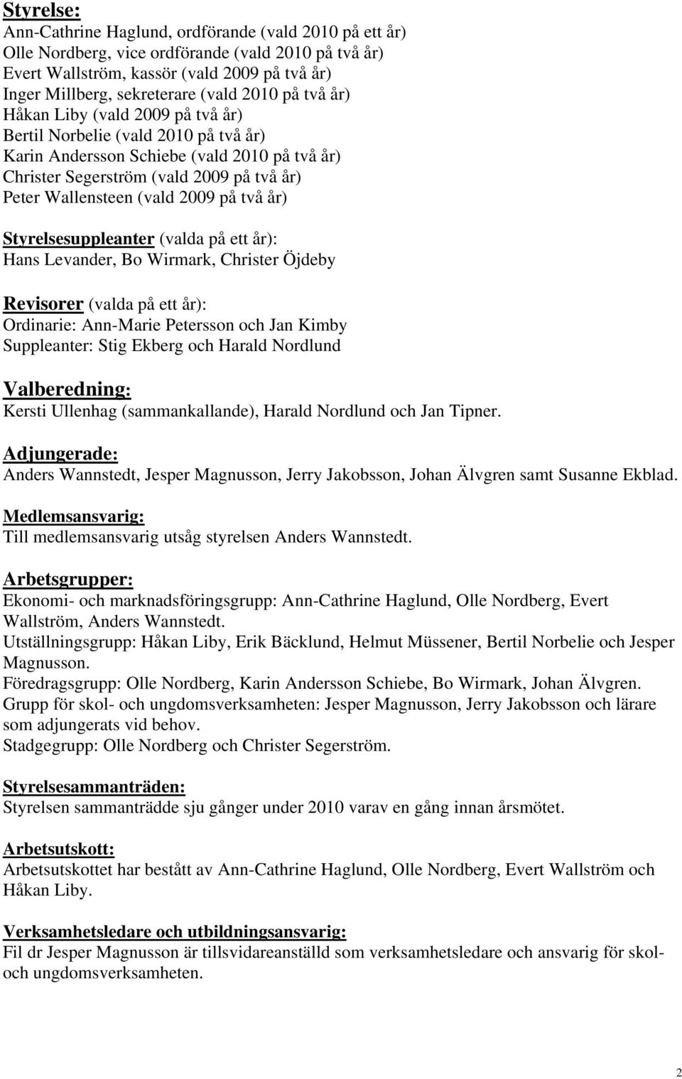 2009 på två år) Styrelsesuppleanter (valda på ett år): Hans Levander, Bo Wirmark, Christer Öjdeby Revisorer (valda på ett år): Ordinarie: Ann-Marie Petersson och Jan Kimby Suppleanter: Stig Ekberg
