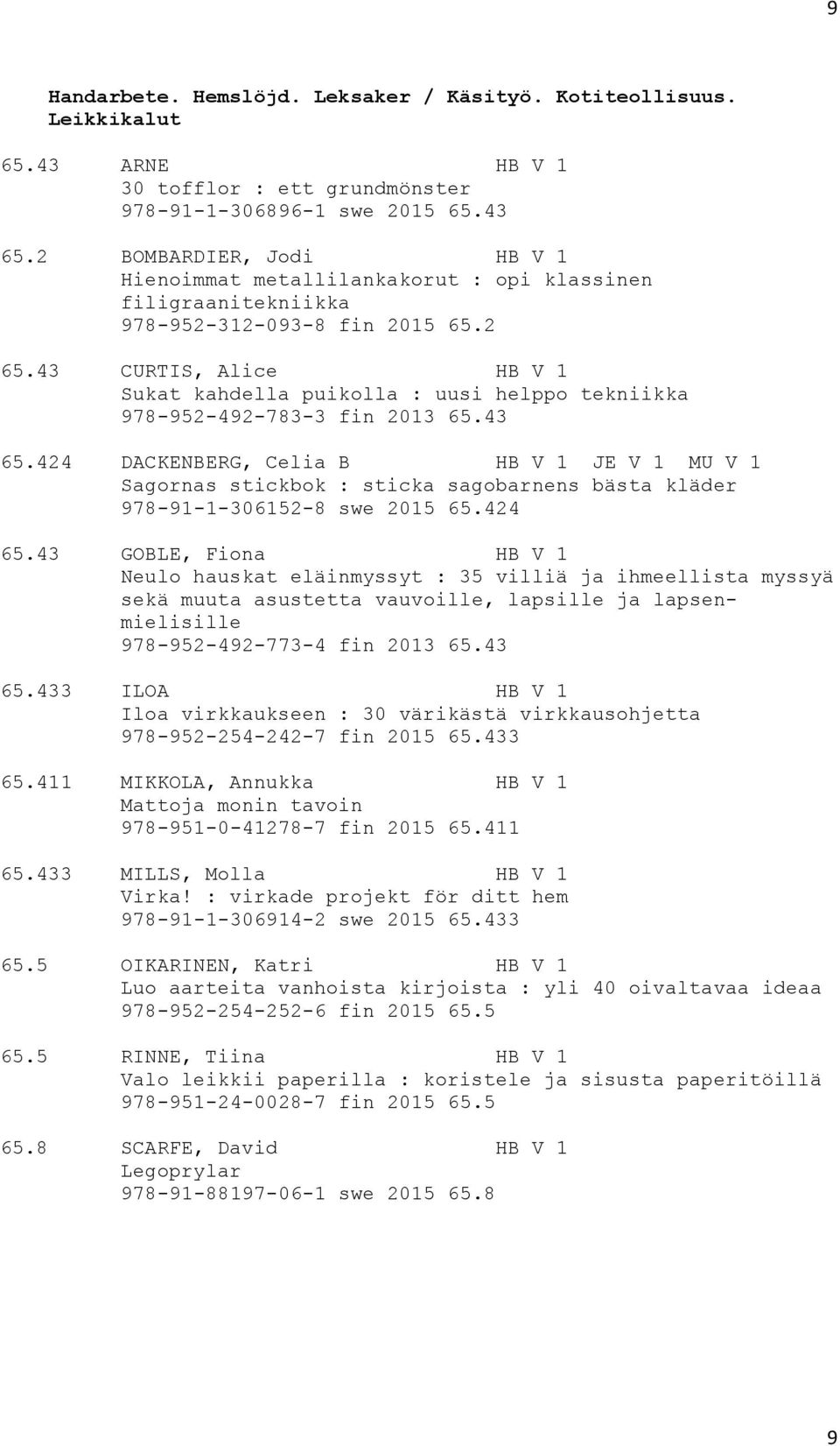 43 CURTIS, Alice HB V 1 Sukat kahdella puikolla : uusi helppo tekniikka 978-952-492-783-3 fin 2013 65.43 65.