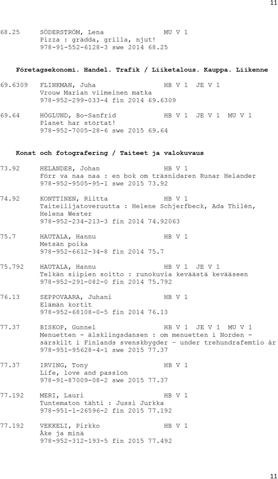 64 Konst och fotografering / Taiteet ja valokuvaus 73.92 HELANDER, Johan HB V 1 Förr va naa naa : en bok om träsnidaren Runar Helander 978-952-9505-95-1 swe 2015 73.92 74.