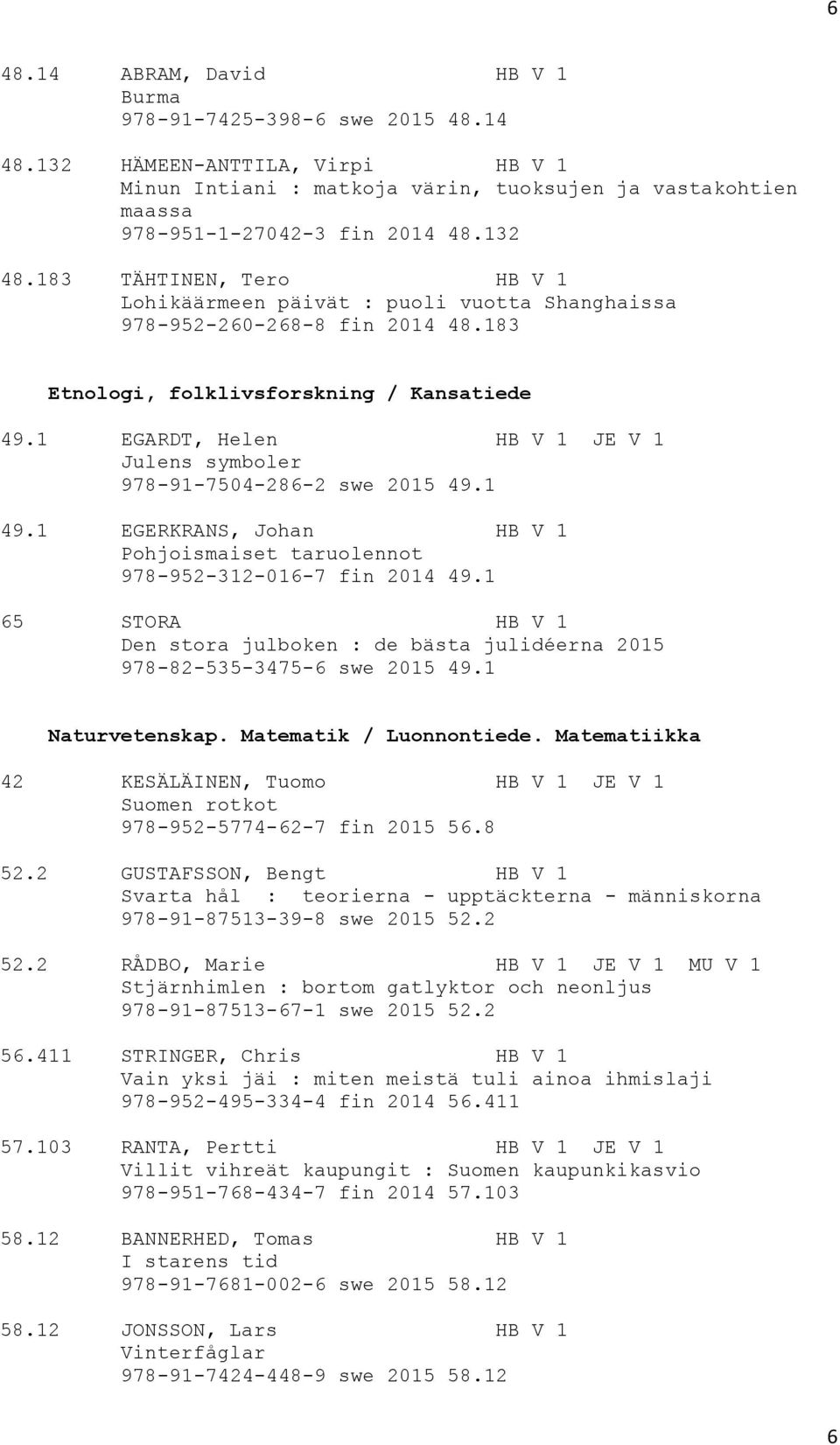 1 EGARDT, Helen HB V 1 JE V 1 Julens symboler 978-91-7504-286-2 swe 2015 49.1 49.1 EGERKRANS, Johan HB V 1 Pohjoismaiset taruolennot 978-952-312-016-7 fin 2014 49.